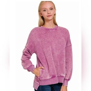 Lt plum Acid Wash Fleece hi-low hem pullover